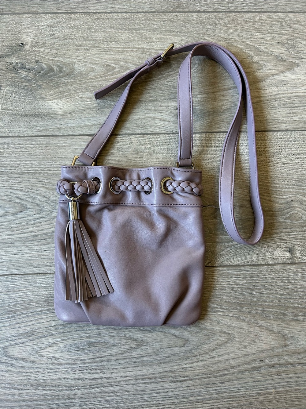 Michael Michael Kors Lavender Leather Crossbody with Braided Trim and Tassel